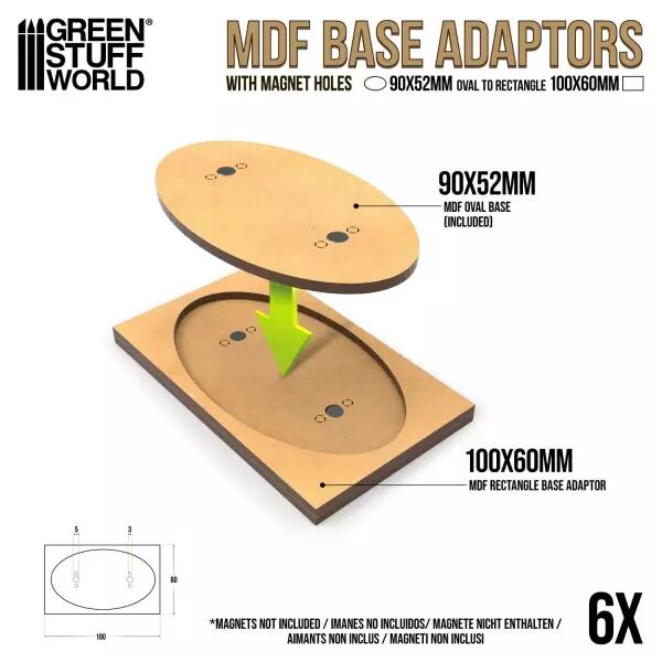 Adaptateur de socles MDF - Ovale 90x52mm � Rectangulaire 100x60mm (pack de 6)  - Green Stuff World