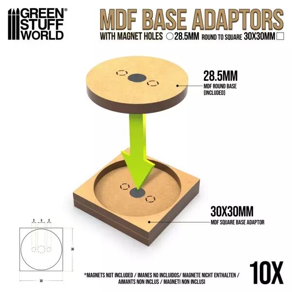 Adaptateur de socles MDF - Rond 28.5mm � Carr� 30x30mm (pack de 10)  - Green Stuff World