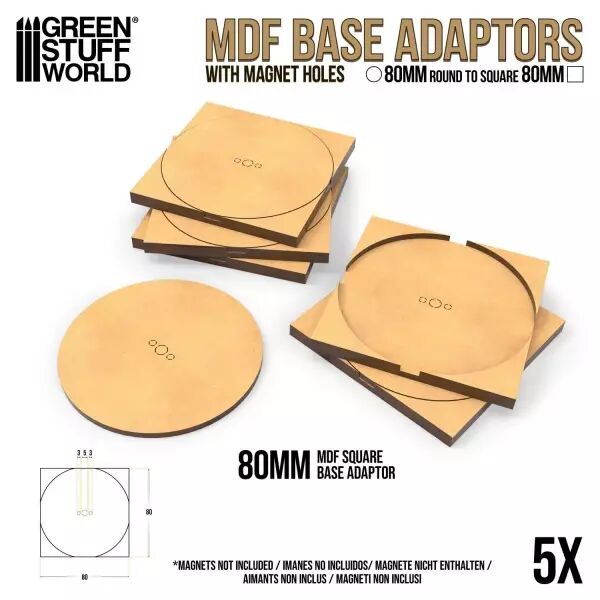 Adaptateur de socles MDF - Rond 80mm � Carr� (pack de 5)  - Green Stuff World