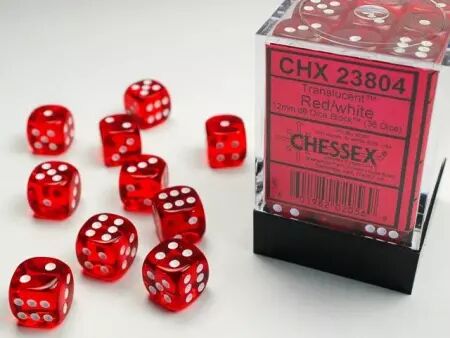 CHESSEX - Set de 36 dés 6 - TRANSPARENT - Rouge/Blanc