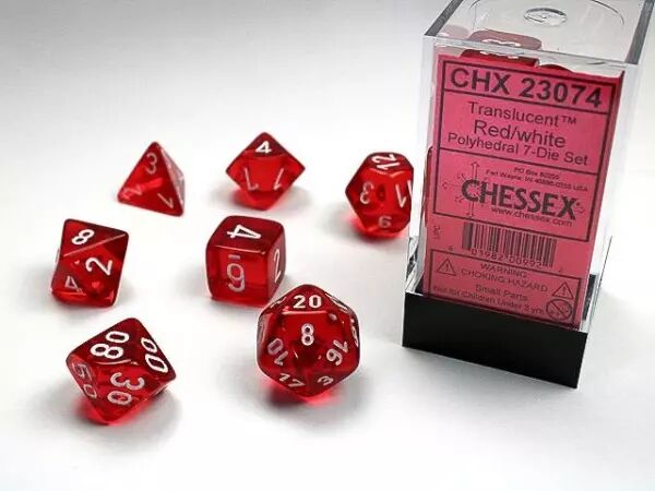CHESSEX - Set de 7 d�s - TRANSPARENT - 4,75 19,00 C20 Rouge/Blanc