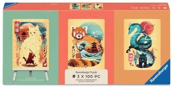 Coffret 3 mini puzzles 100 pi�ces - Chat, panda roux et dragon Ukyio-E - Ravensburger