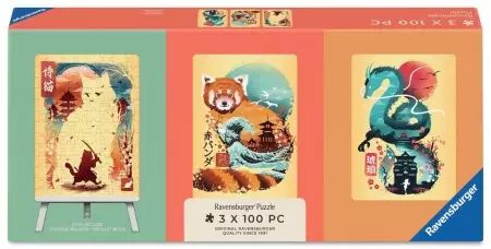 Coffret 3 mini puzzles 100 pi&egrave;ces - Chat, panda roux et dragon Ukyio-E - Ravensburger