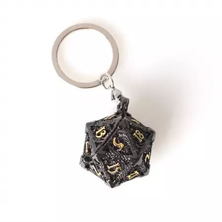 Porte cl&eacute; D20 Noir dor&eacute; - lot de 7 mini d&eacute;s m&eacute;tal (5mm)